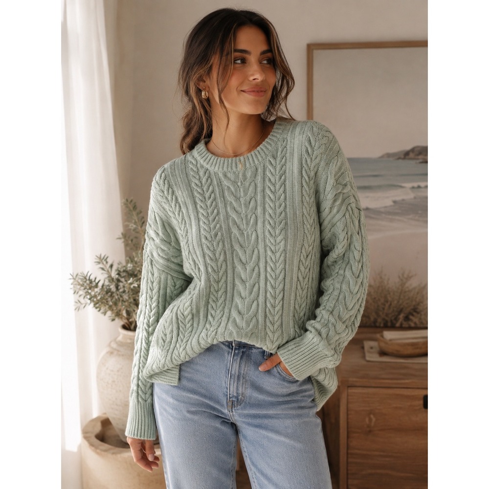 Philosophy Sweater Cable Knit Crew Neck Large Sage Green Relaxed Pullover
